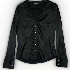 Forget Me Not Women's Black Long Sleeve Satin Button Up Shirt Sz XL V-neck Light
